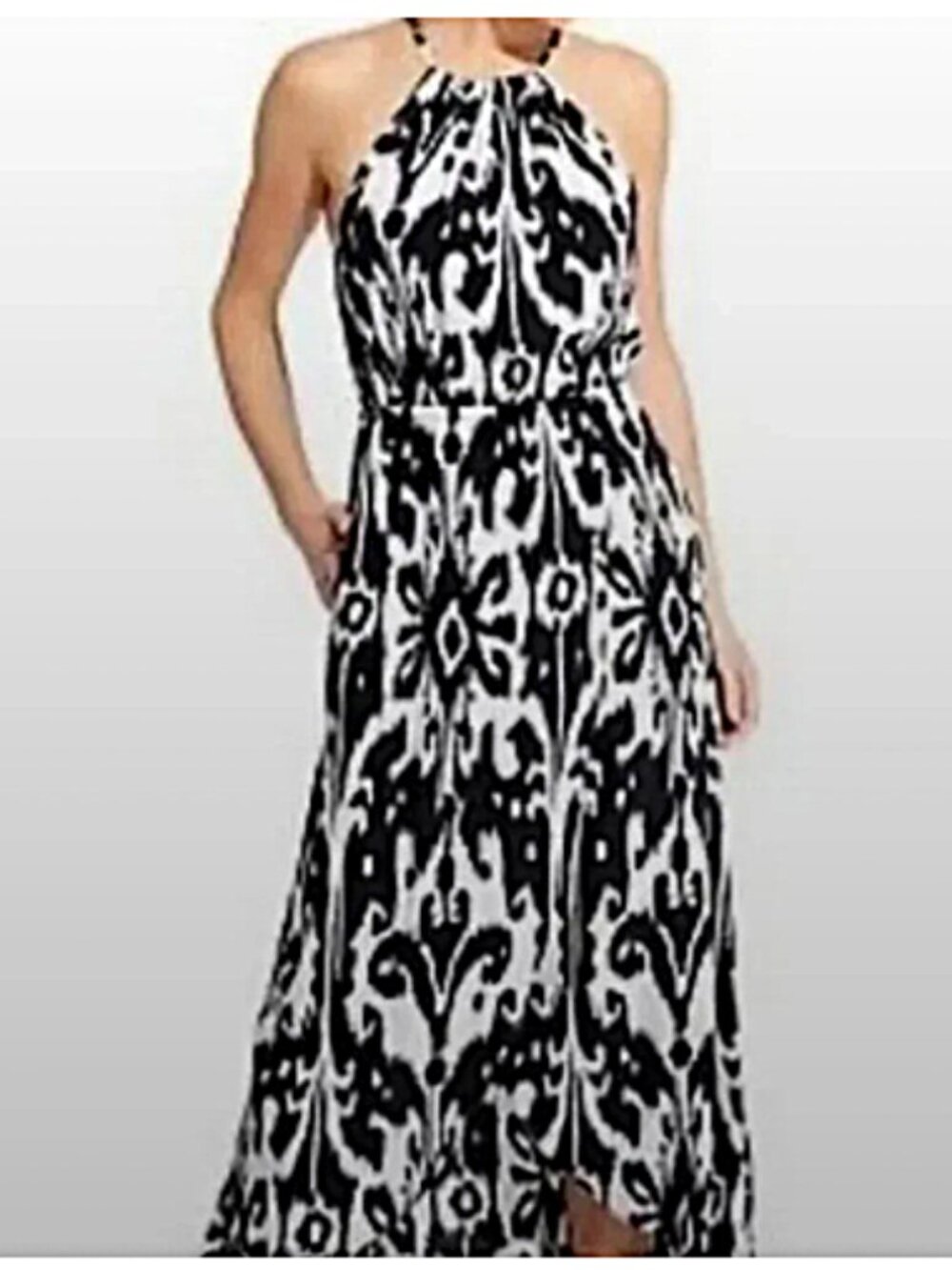Athleta IKAT Bloom Rip Black White Halter Maxi Dress w/Built In Bra size